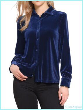 Vintage Velvet Button Down Blouse Long Sleeve Collared Shirt